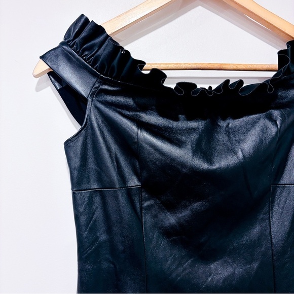 VENUS – Black faux leather off-shoulder mini dress with ruffle neckline * - Picture 2 of 6